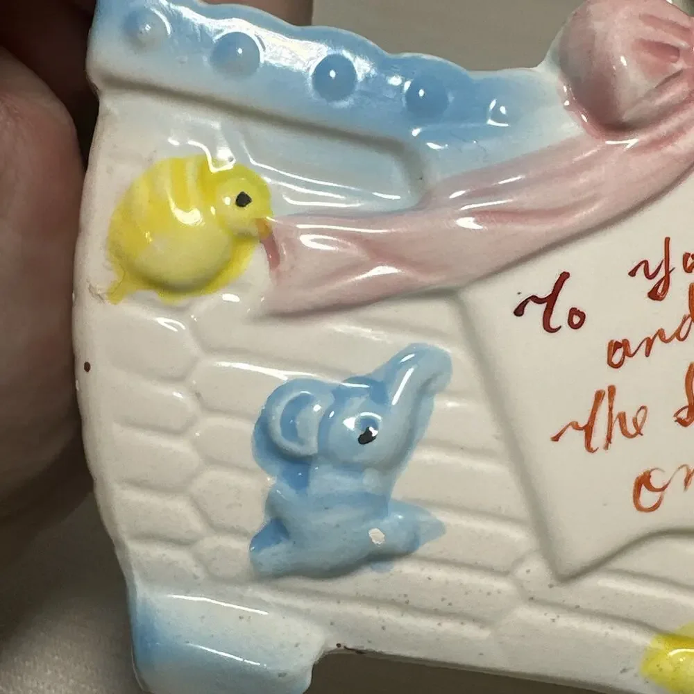 Vintage Ceramic Baby Nursery Bassinet Planter Music Box Rock a bye baby